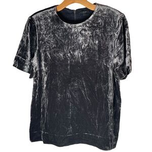 COS Crushed Silk Blend Velvet Top Sz 6 Gray Short Sleeve Back Zip Deep Hem